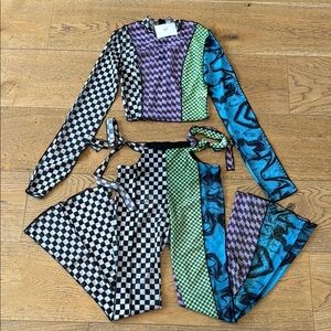Colorblock Checkerboard Long Sleeve Top and Pants Set - Multicolor